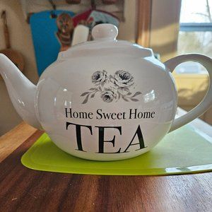 whimsical teapot home sweet home TEA graphics on both sides of pot